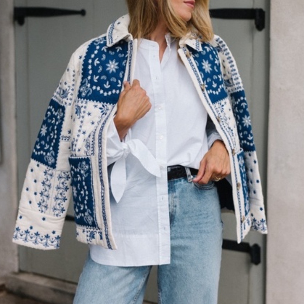 Caroline Constas Blue and White Linen Blend Bandana Patchwork Jacket NWT